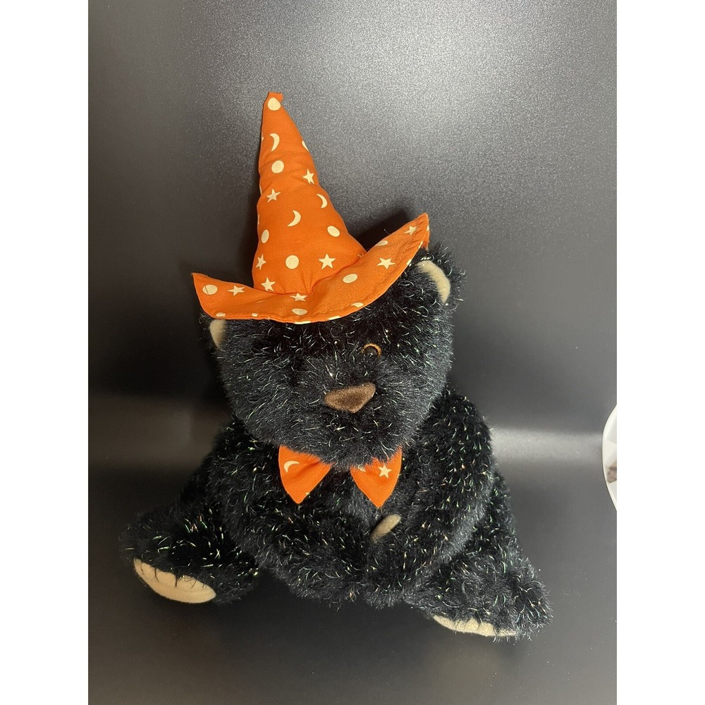 American Greetings Soft Touch Black Bear Halloween Stuffed Plush Orange Hat 9"